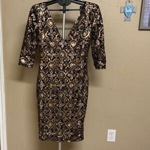 Agaci- Elegant Black and Gold Patterned Dress